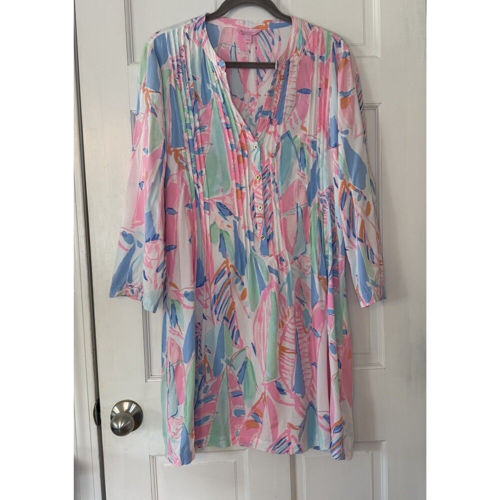 Lilly Pulitzer Sarasota Tunic Dress L Out to Sea Pastels Pintuck Rayon 97705